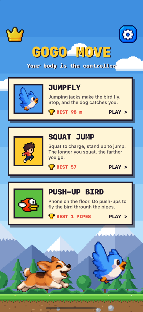 GOGO MOVE home screen with three games